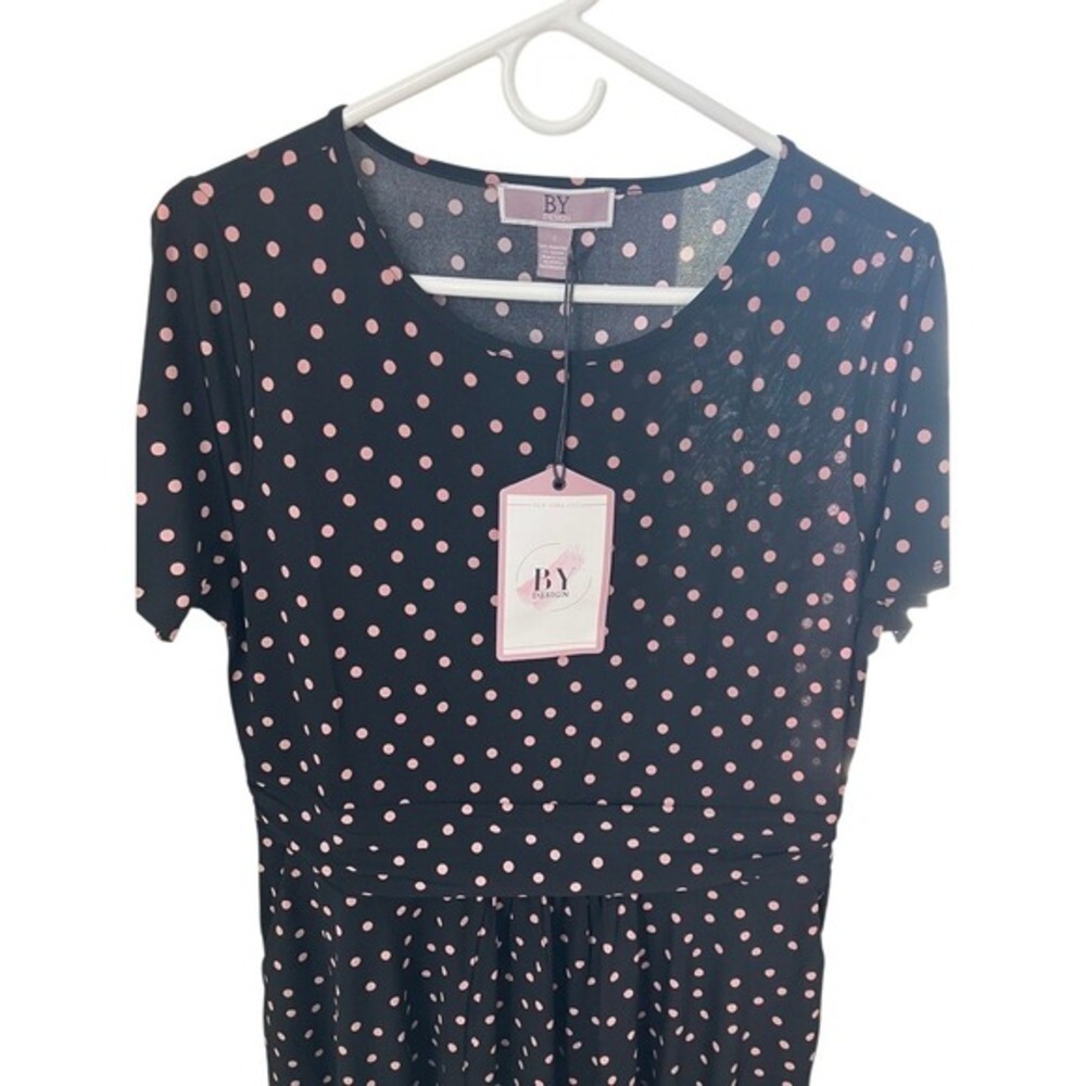 BY Design Women's Black Pink Polka Dot Casual Dress Size L Short‎ Sleeve NWT